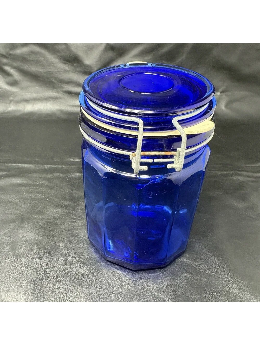 Cobalt Blue Jar Glass Storage Holder With Attached Wire Locking Lid 5 1/2” Tall